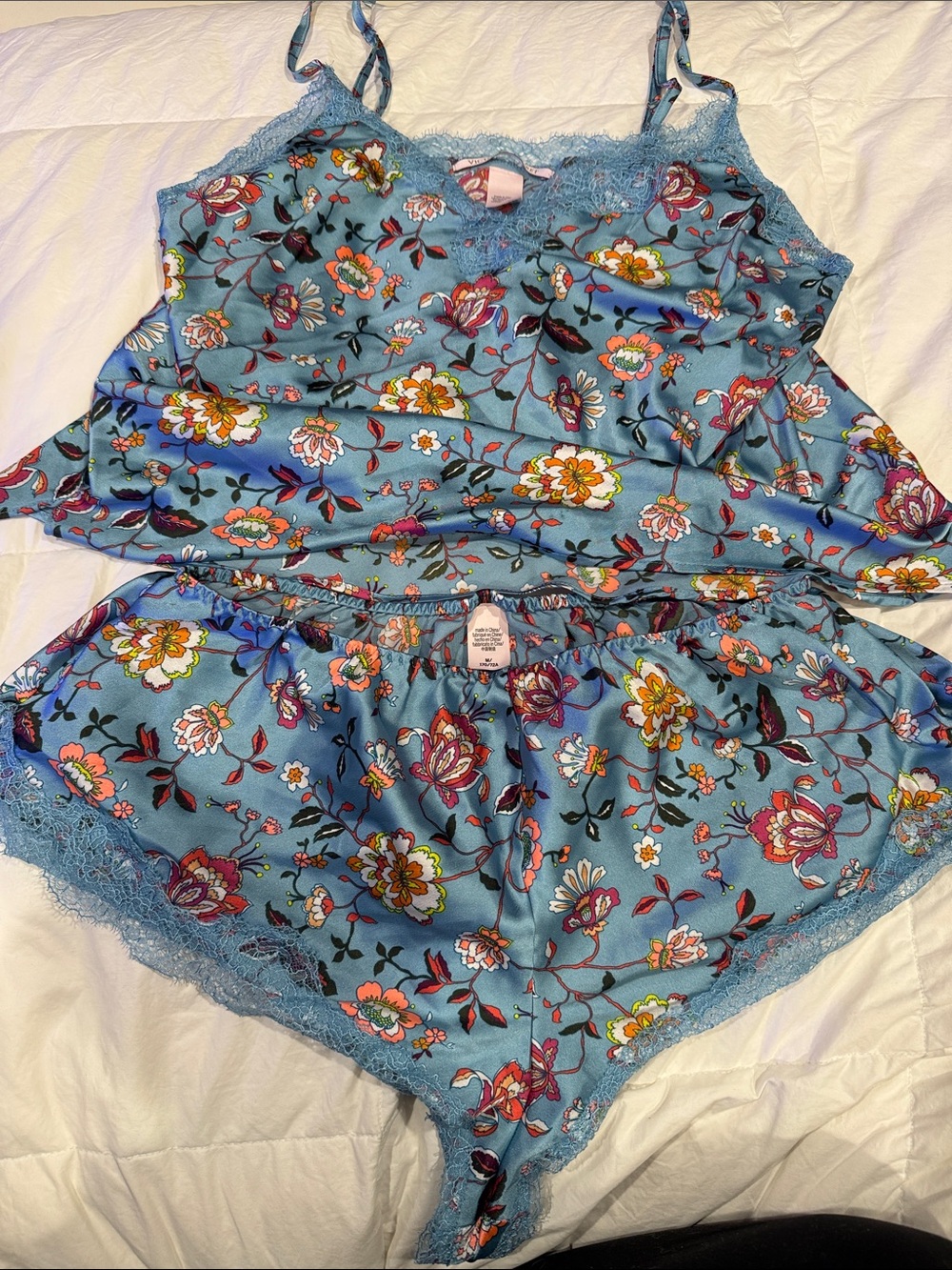 Victoria's Secret Blue Floral Satin Cami & Short Set